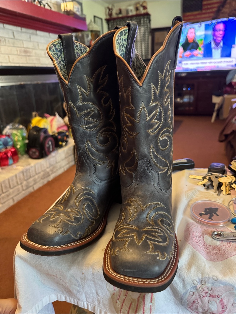 Laredo Black Lace-Up Western Boots with Tan Stitching